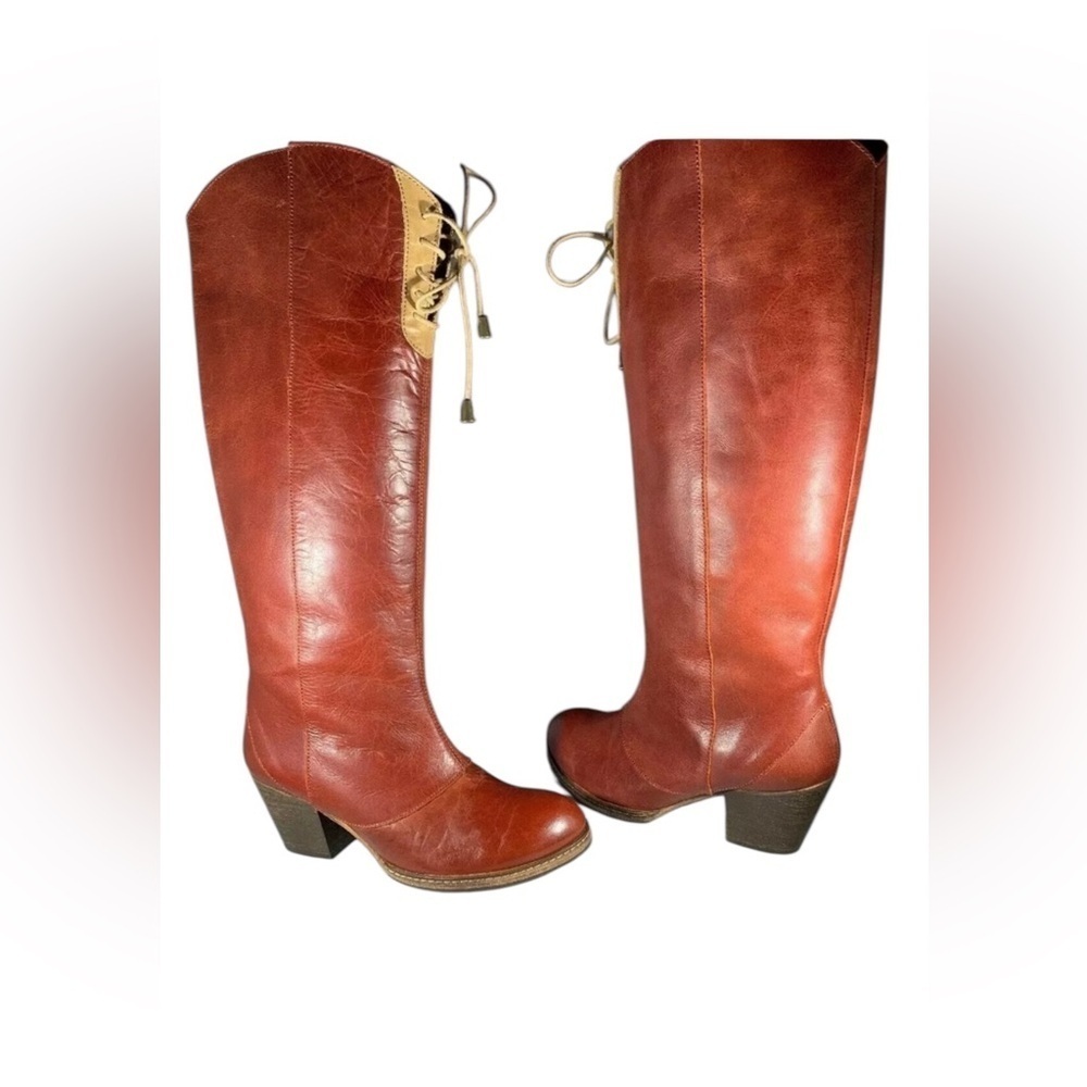 Anthropologie Holding Horses red leather high knee boots front tie sz 39